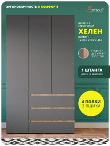 Распашной шкаф 3-х створчатый Хелен ШК 06 в спальню дуб золотой крафт/графит Москва