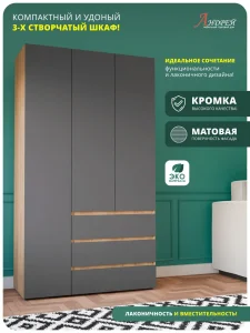 Распашной шкаф 3-х створчатый Хелен ШК 06 в спальню дуб золотой крафт/графит фото